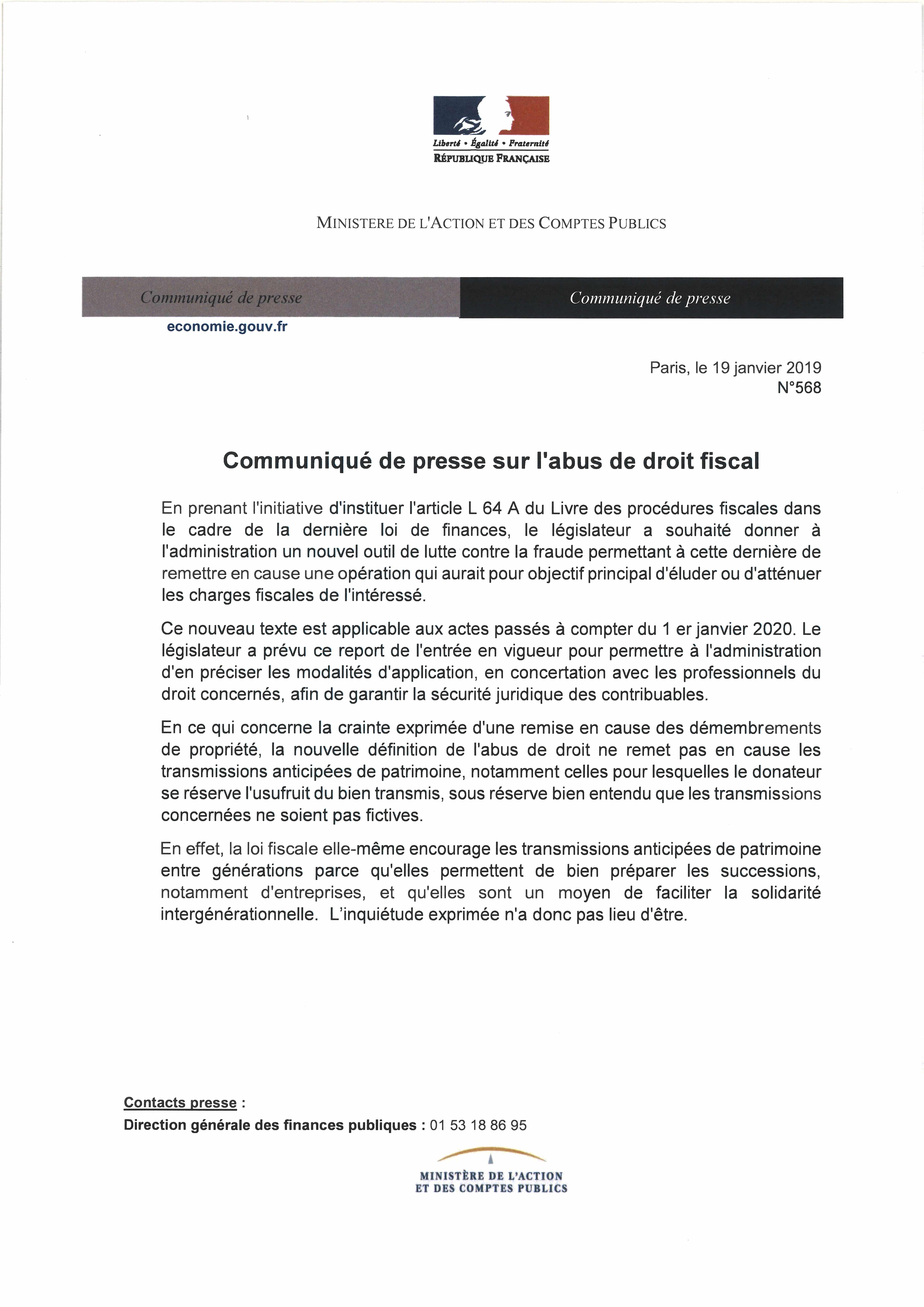 communique de presse administration fiscal abus de droit fiscal démembrement